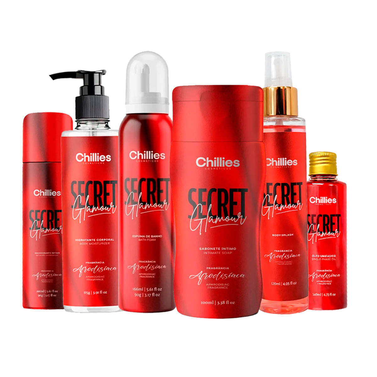 Kit Linha Secret Glamour com Desodorante Hidratante Body Splash Sabonete Óleo e Espuma