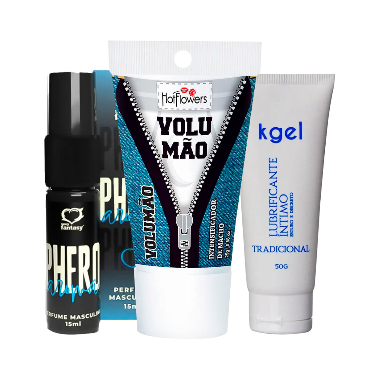 Kit com KGEL Lubrificante Íntimo Perfume Phero Masculino e Volumão