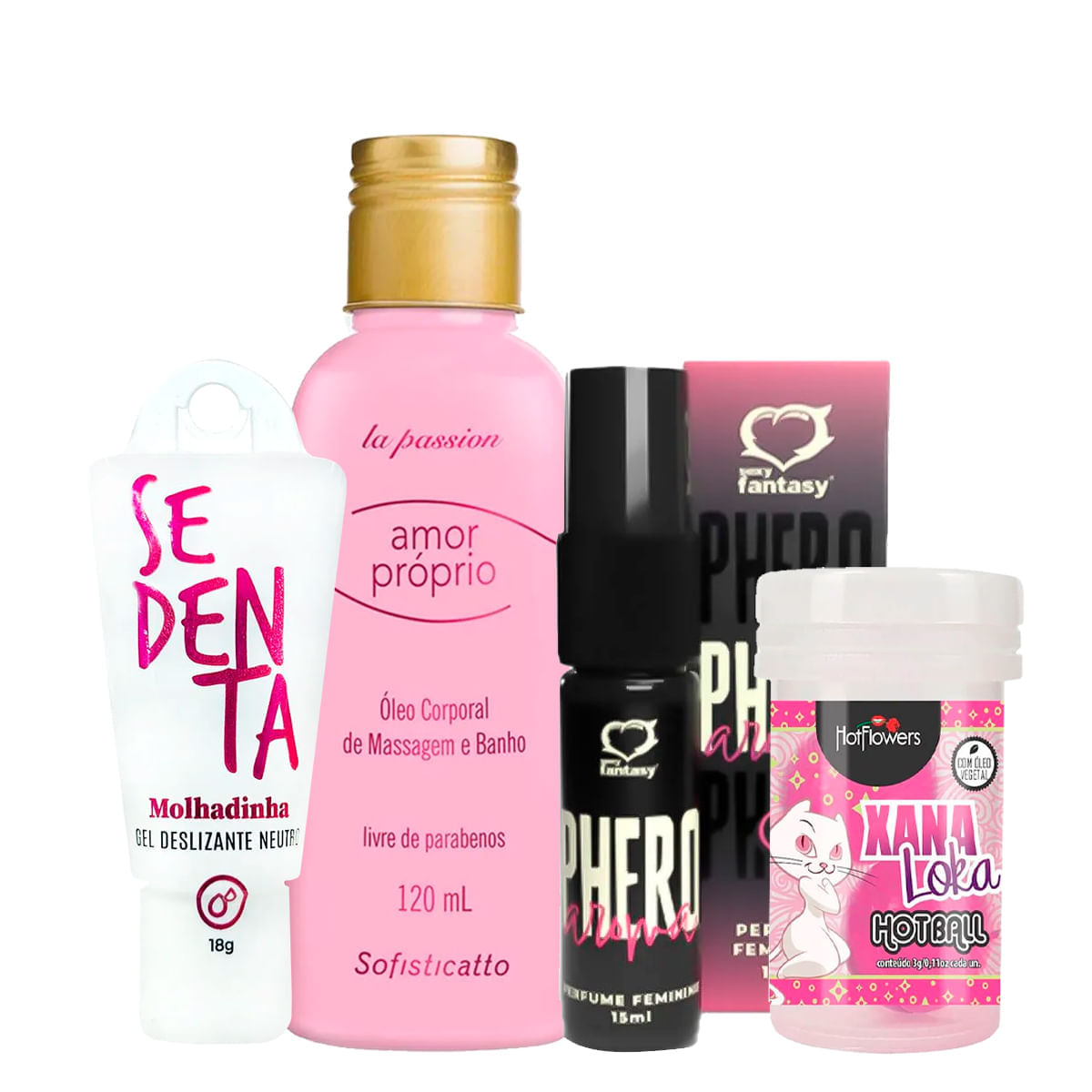 Kit com Sedenta Molhadinha Amor Próprio Perfume Phero Aroma Feminino e Hot Ball Xana Loka