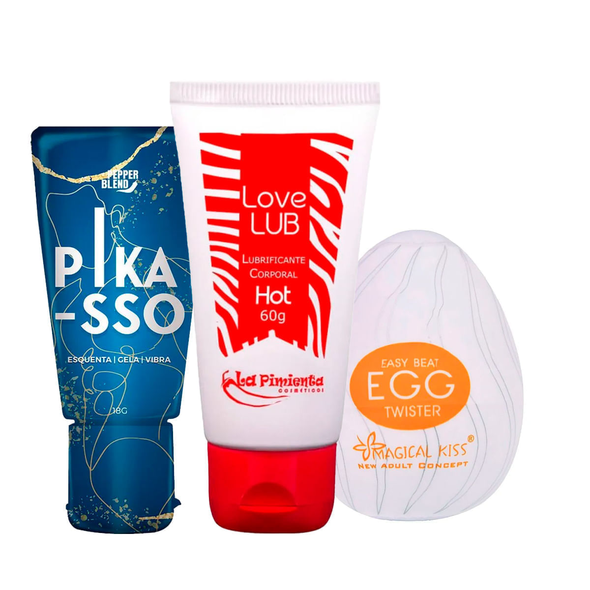 Kit com Pikasso Excitante Love Lub Hot Lubrificante e Egg Twister Masturbador
