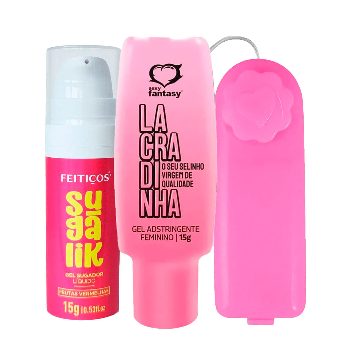Kit com Vibro Ó Bullet Cápsula Vibratória Lacradinha Adstringente e Sugalik Sugador Líquido