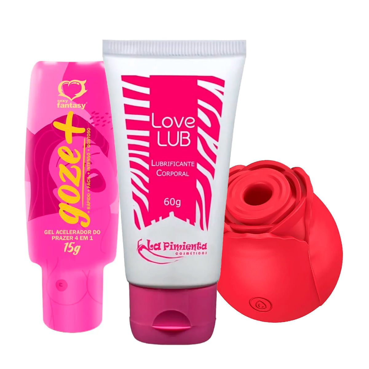 Kit com Goze + Gel Acelerador Love Lub Lubrificante e Rosa Estimuladora de Clitóris