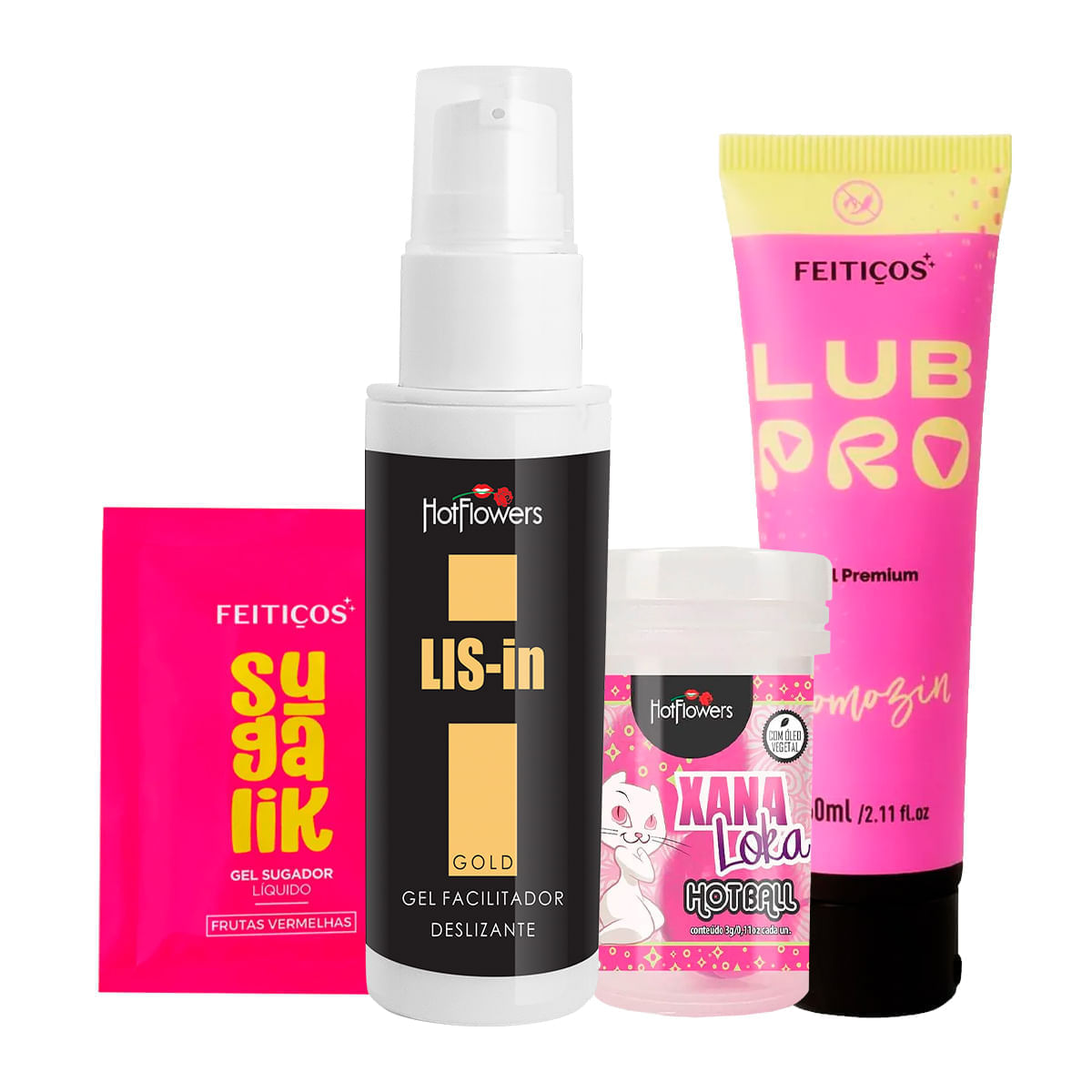 Kit com LIS-In Sachê Sugalik Hot Ball Xana Loka e LubPro Momozin