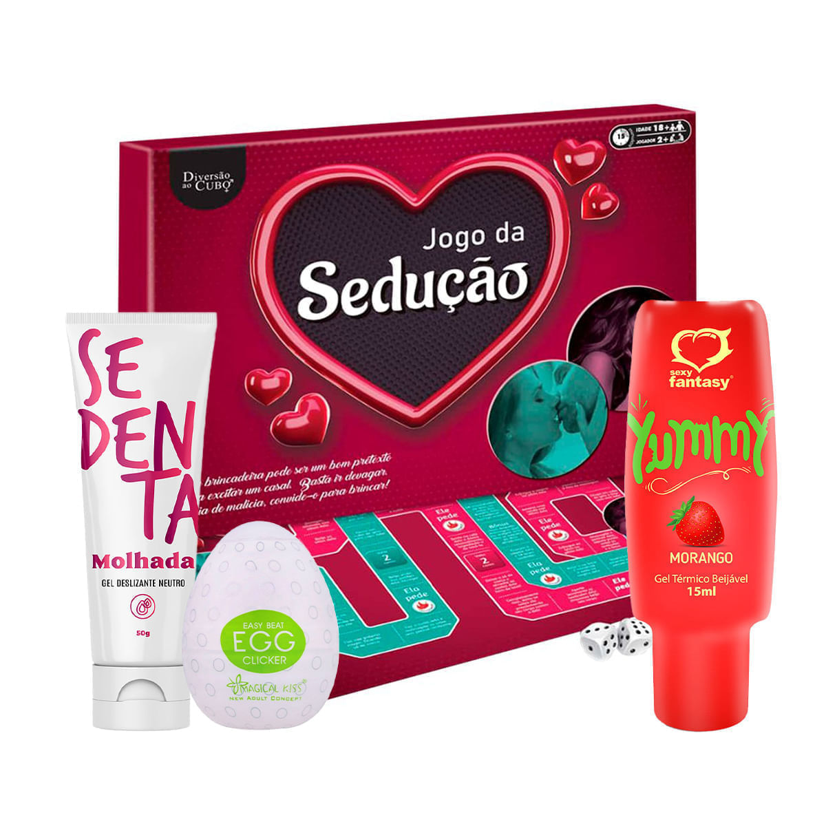 Kit com Sedenta Molhada Egg Clicker Yummy e Jogo Tabuleiro Sedução