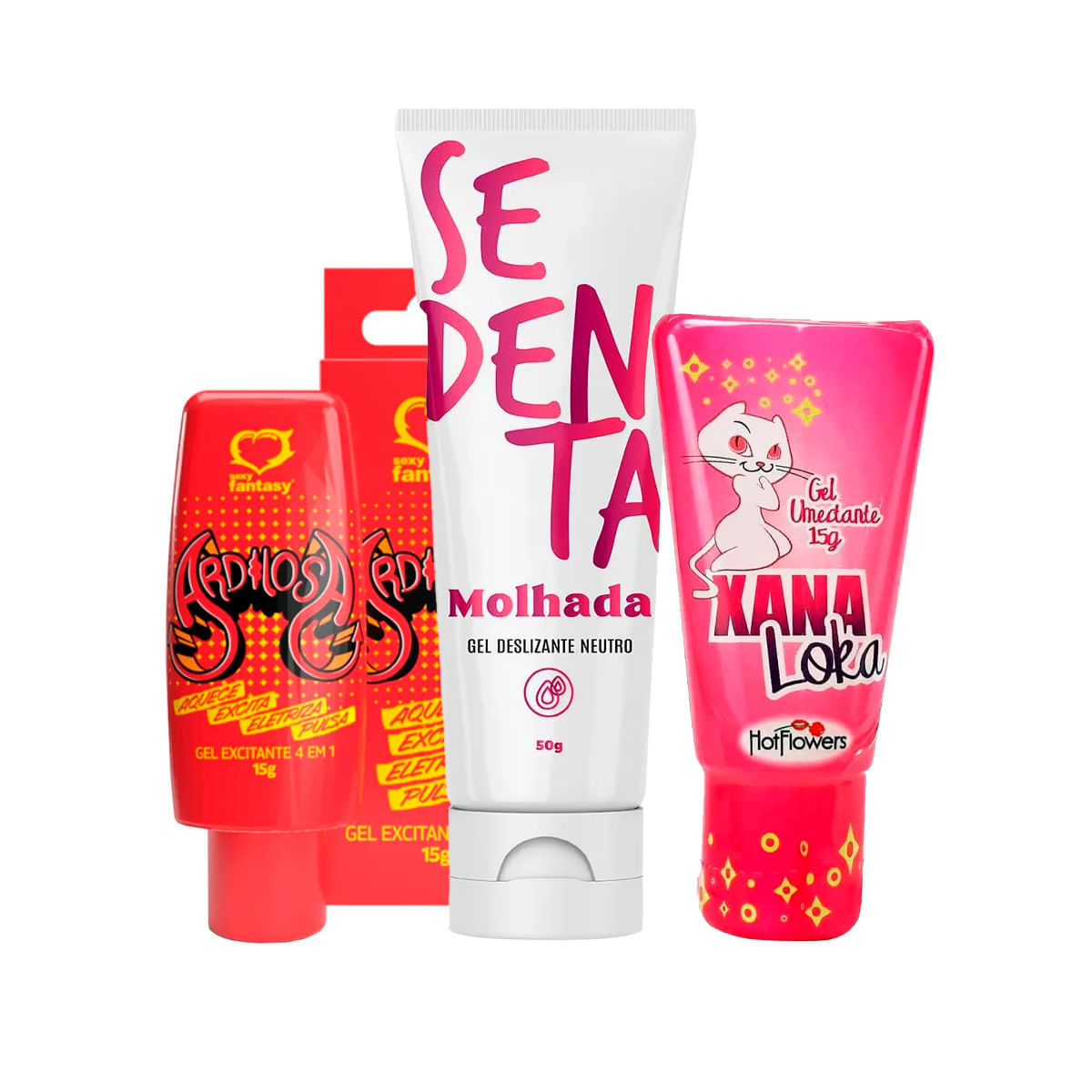 Kit com Sedenta Molhada Ardilosa Gel Excitante 4 em 1 e Xana Loka