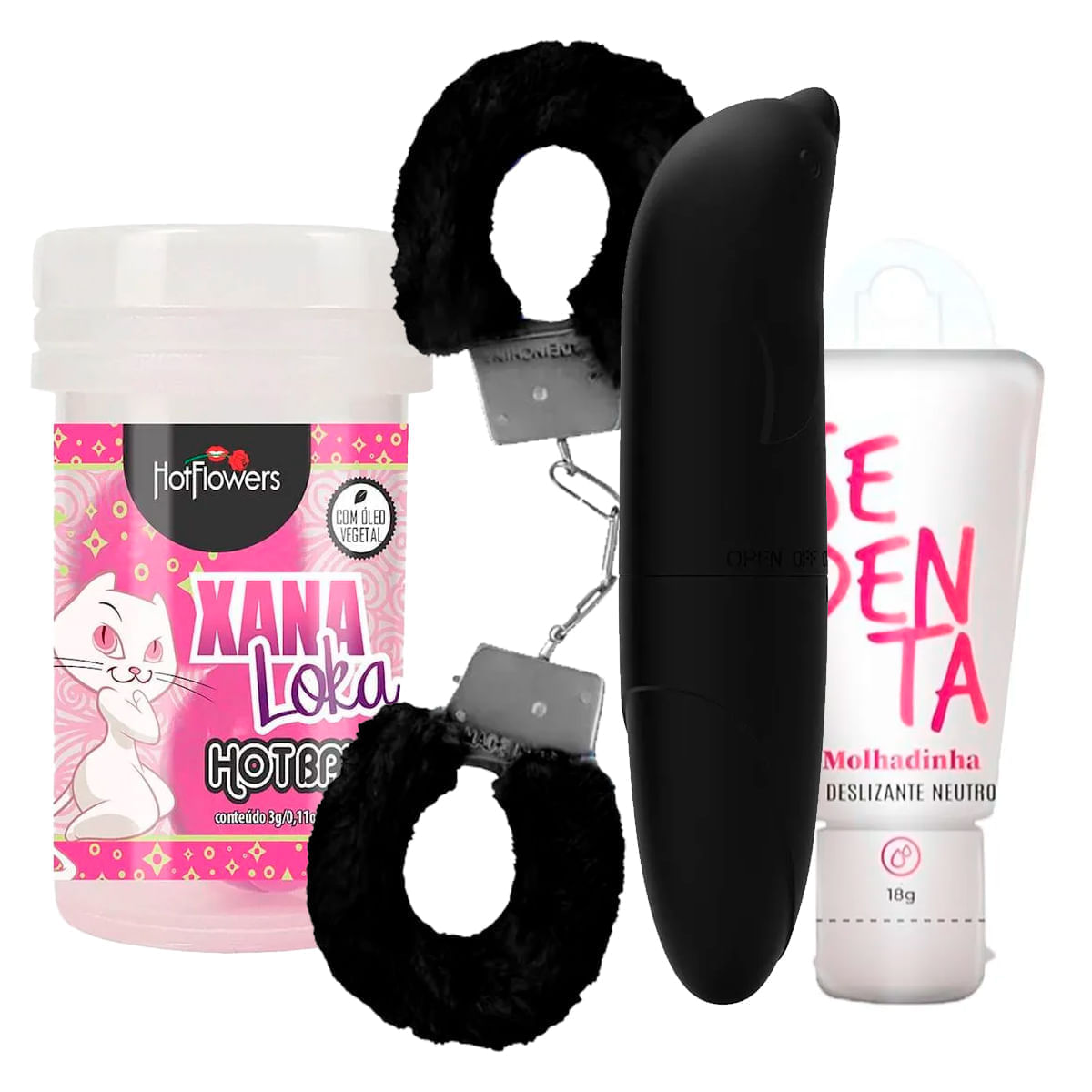 Kit com Hot Ball Xana Loka MyCuff Algema Vibrador Golfinho e Sedenta Molhadinha Deslizante