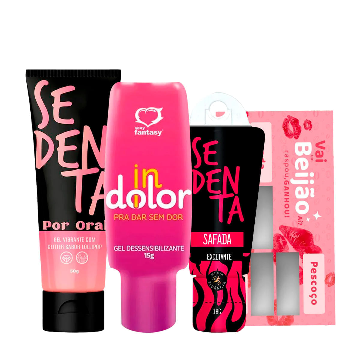 Kit com Sedenta Por Oral Gel Comestível InDolor Gel Dessensibilizante Sedenta Safada e Raspadinha