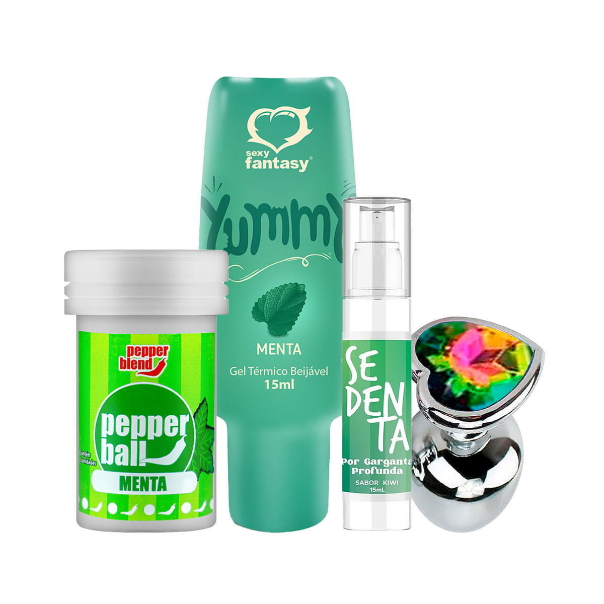 Kit com Sedenta por Garganta Profunda Yummy Pepper Ball Bolinha Explosiva e Plug Anal P