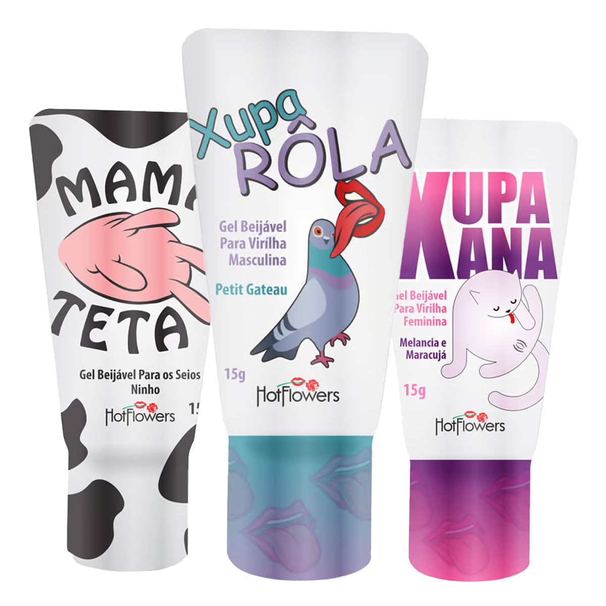 Kit Erótico com Geis Beijáveis Mama Teta, Xupa Rola e Xupa Xana Hot Flowers