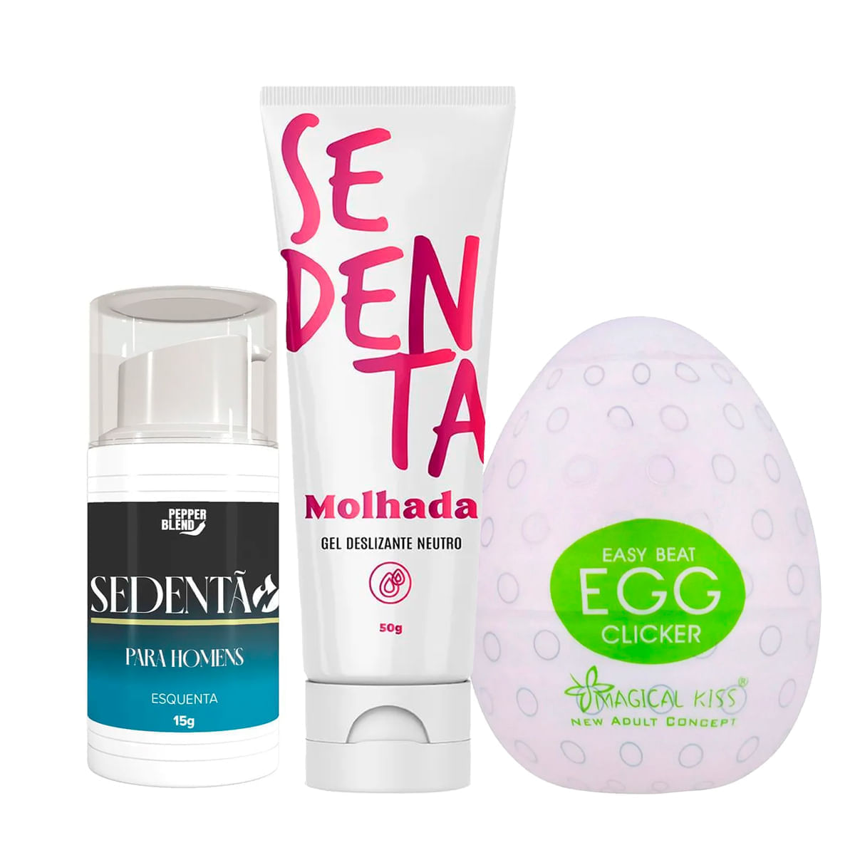 Kit com Sedentão Excitante Masculino Sedenta Molhada Gel Deslizante Neutro e Egg Clicker Masturbador