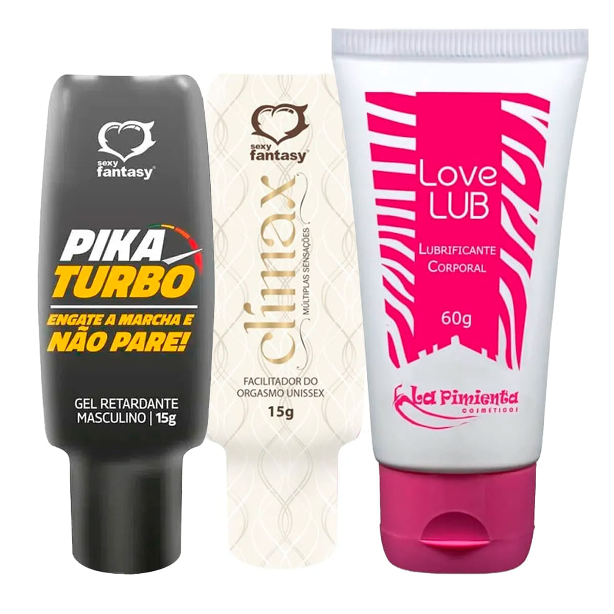 Kit com Pika Turbo Retardante Masculino Clímax Facilitador de Orgasmo e Love Lub Lubrificante
