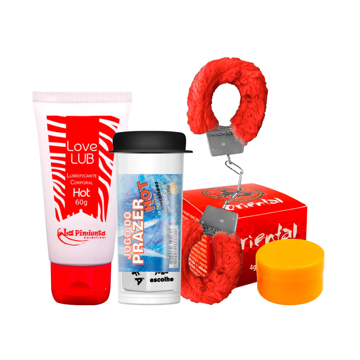 Kit com Love Lub Lubrificante Hot Pomada Oriental Creme de Massagem Dados Eróticos e Algema MyCuff
