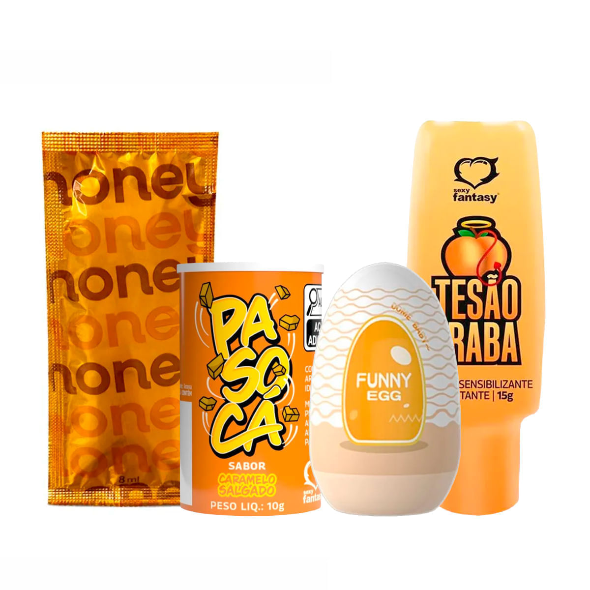 Kit com MyHoney Mel Estimulante Pasocá Funny Egg e Tesão na Raba