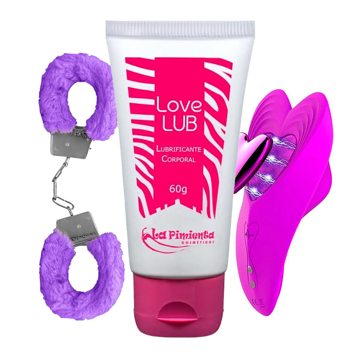 Kit com Algema de Metal Pelúcia Love Lub Lubrificante Neutro e Vibrador de Calcinha Red Heart