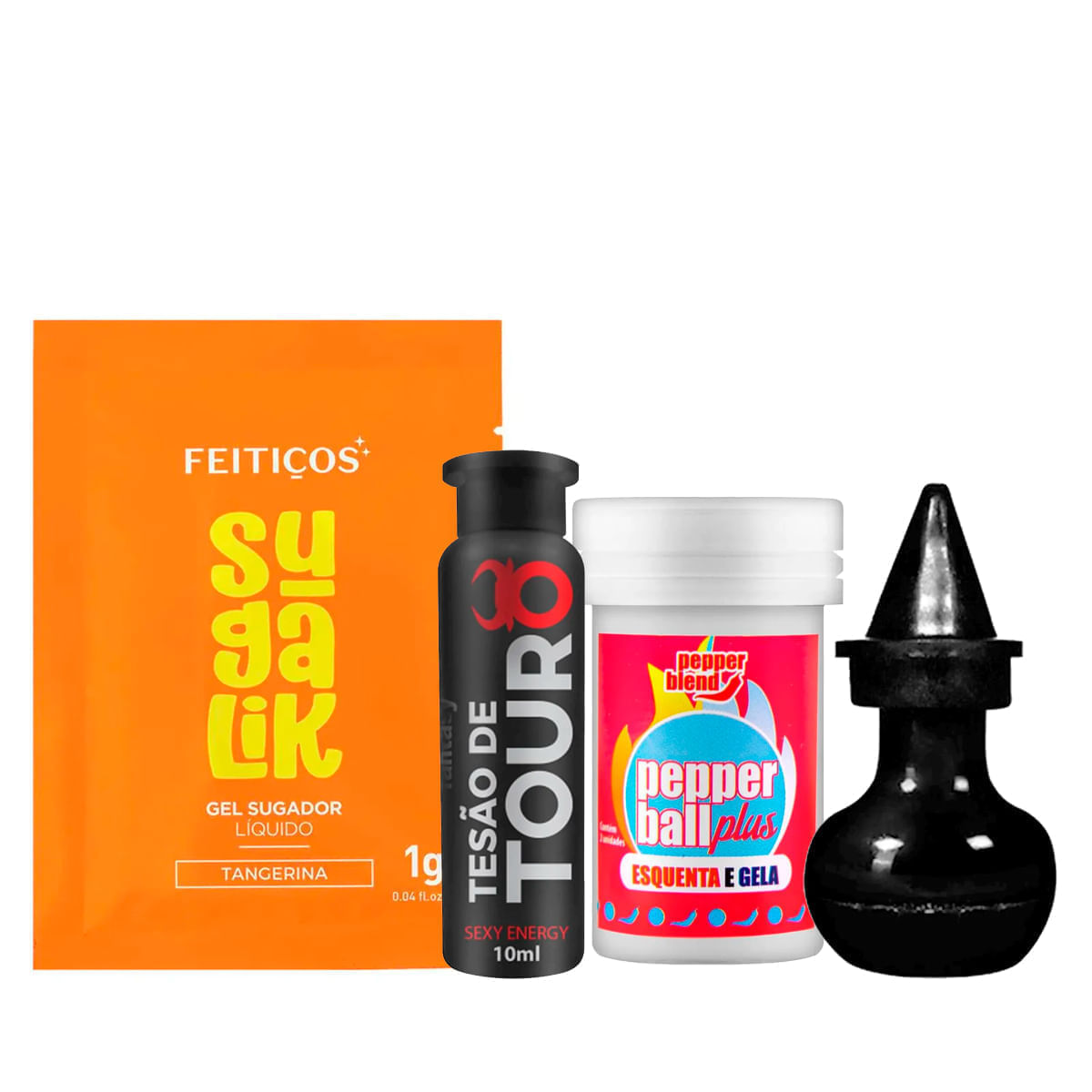 Kit com Pepper Ball Plus Pó Mágico da Bruxinha Tesão de Touro e Sachê Sugalik Sugador