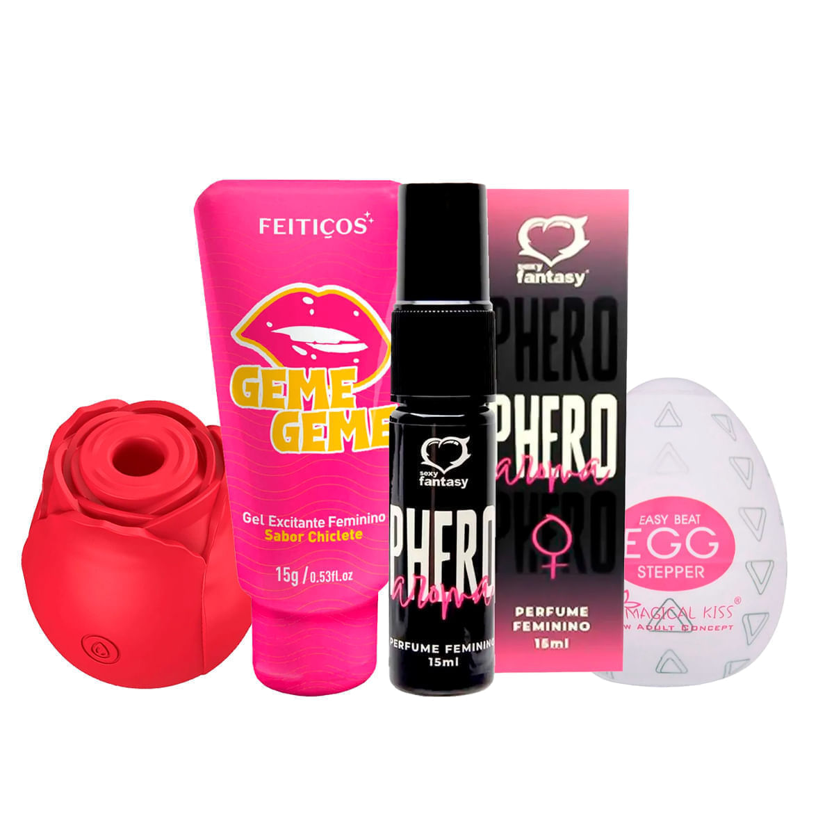 Kit com Geme Geme Excitante Rosa Estimuladora Egg Stepper Masturbador e Perfume Phero Feminino