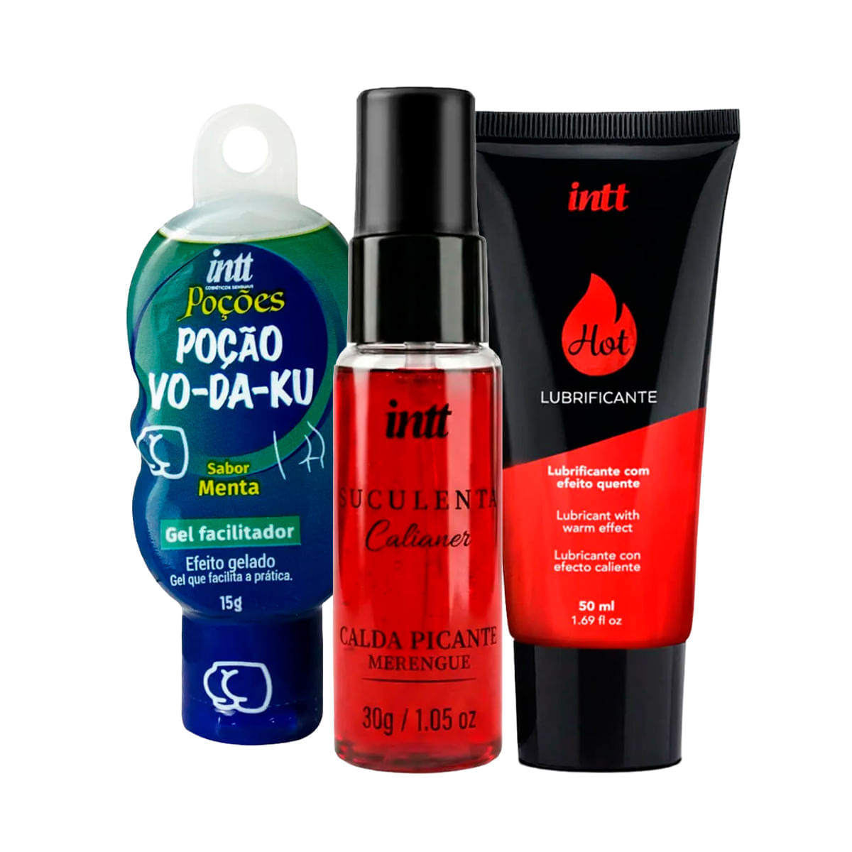 Kit com Suculenta Calda Lubrificante Hot Morango e Vo-Da-Ku Gel Facilitador