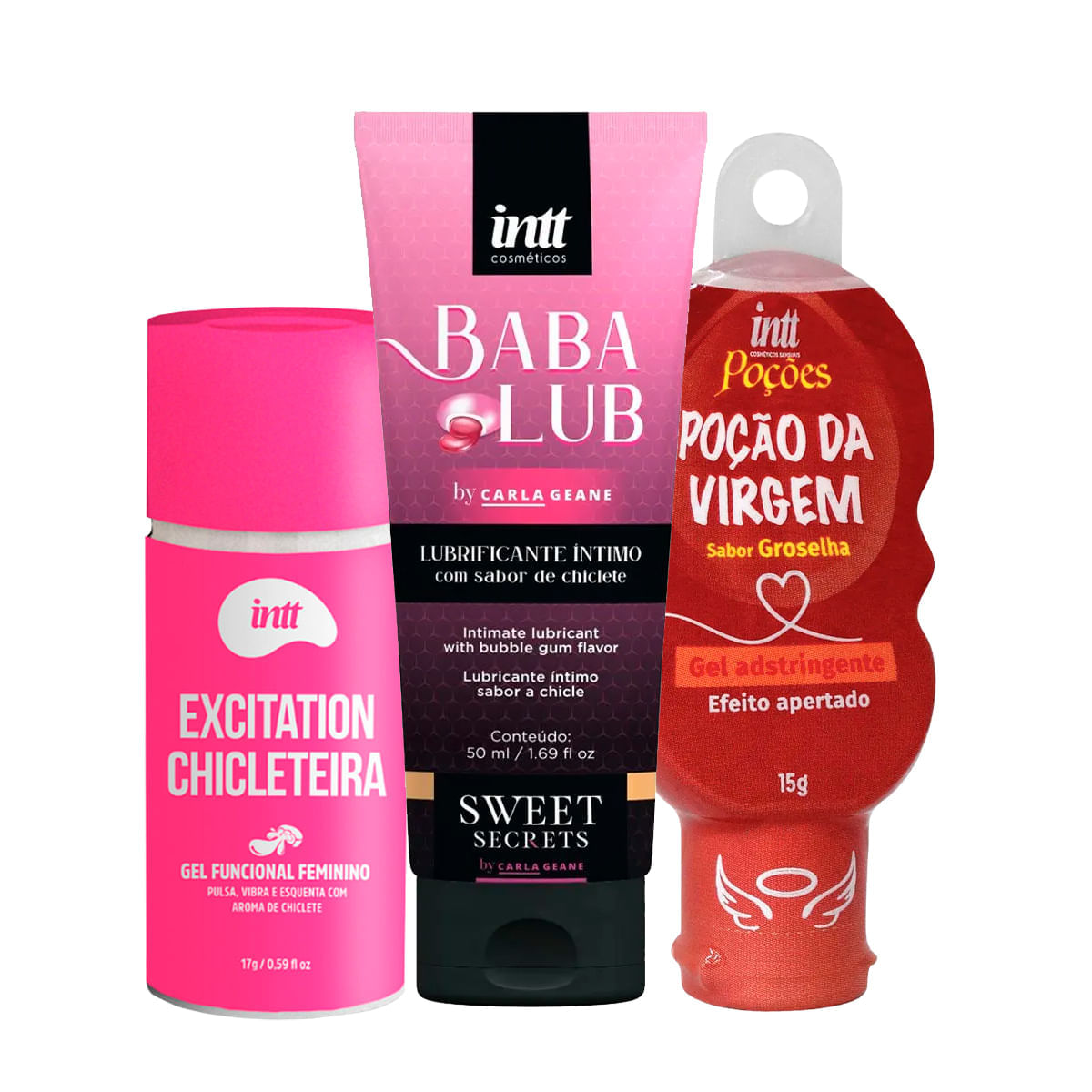 Kit com Babalub Lubrificante Excitation Chicleteira e Poção da Virgem