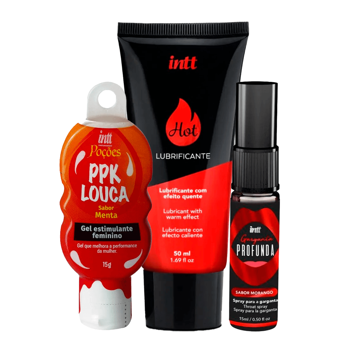 Kit Especial Intt com Garganta Profunda Lubrificante Hot Morango e PPK Louca