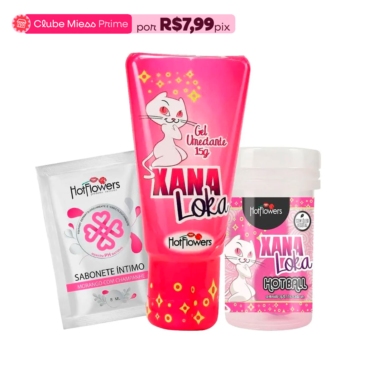 Kit com Xana Loka Hot Ball Xana Loka e Sabonete Íntimo Morango com Champanhe