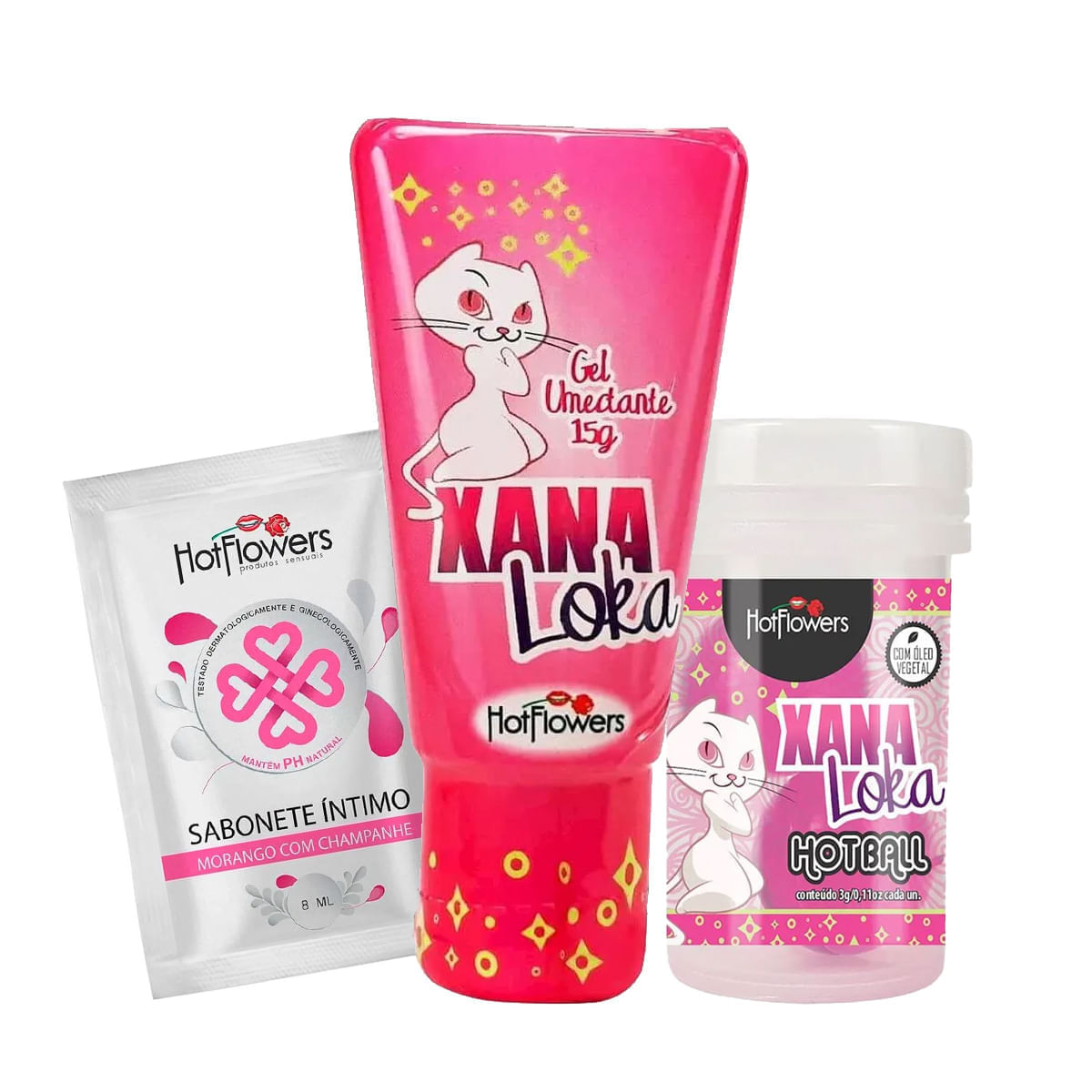 Kit com Xana Loka Hot Ball Xana Loka e Sabonete Íntimo Morango com Champanhe