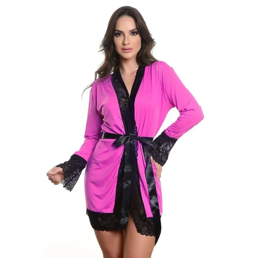 Robe Manga Longa Micrody com Detalhes Rendados Hot Love