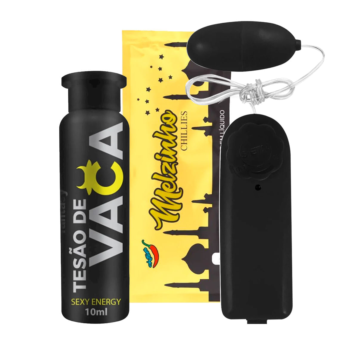 Kit com Tesão de Vaca Afrodisíaco Vibro Ó Bullet Cápsula e Melzinho Estimulante