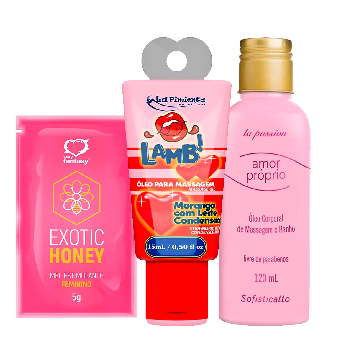 Kit com Exotic Honey Estimulante Lamb Óleo e Amor Próprio Óleo