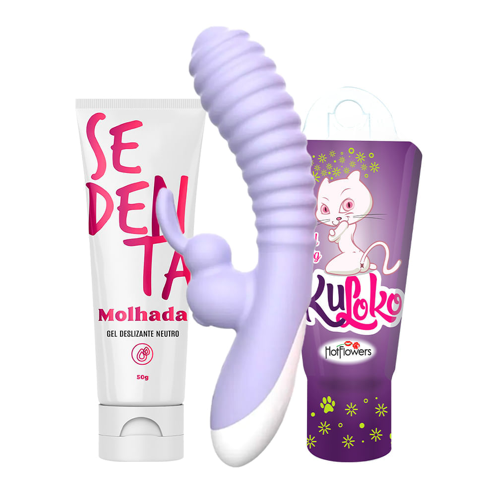 Kit com Vibrador Rabbit Kuloko e Sedenta Molhada Gel Deslizante Neutro