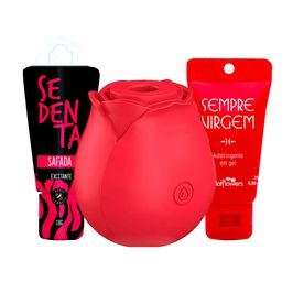 Kit com Rosa Estimuladora de Clitóris Excitante Sedenta Safada e Gel Adstringente Sempre Virgem