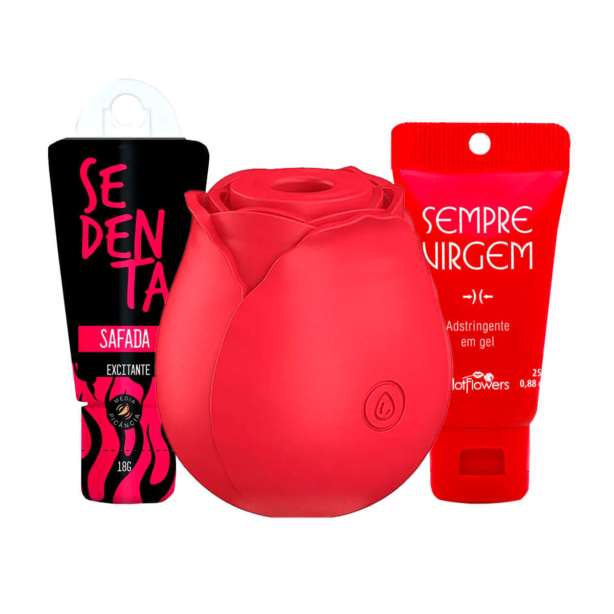 Kit com Rosa Estimuladora de Clitóris Excitante Sedenta Safada e Gel Adstringente Sempre Virgem