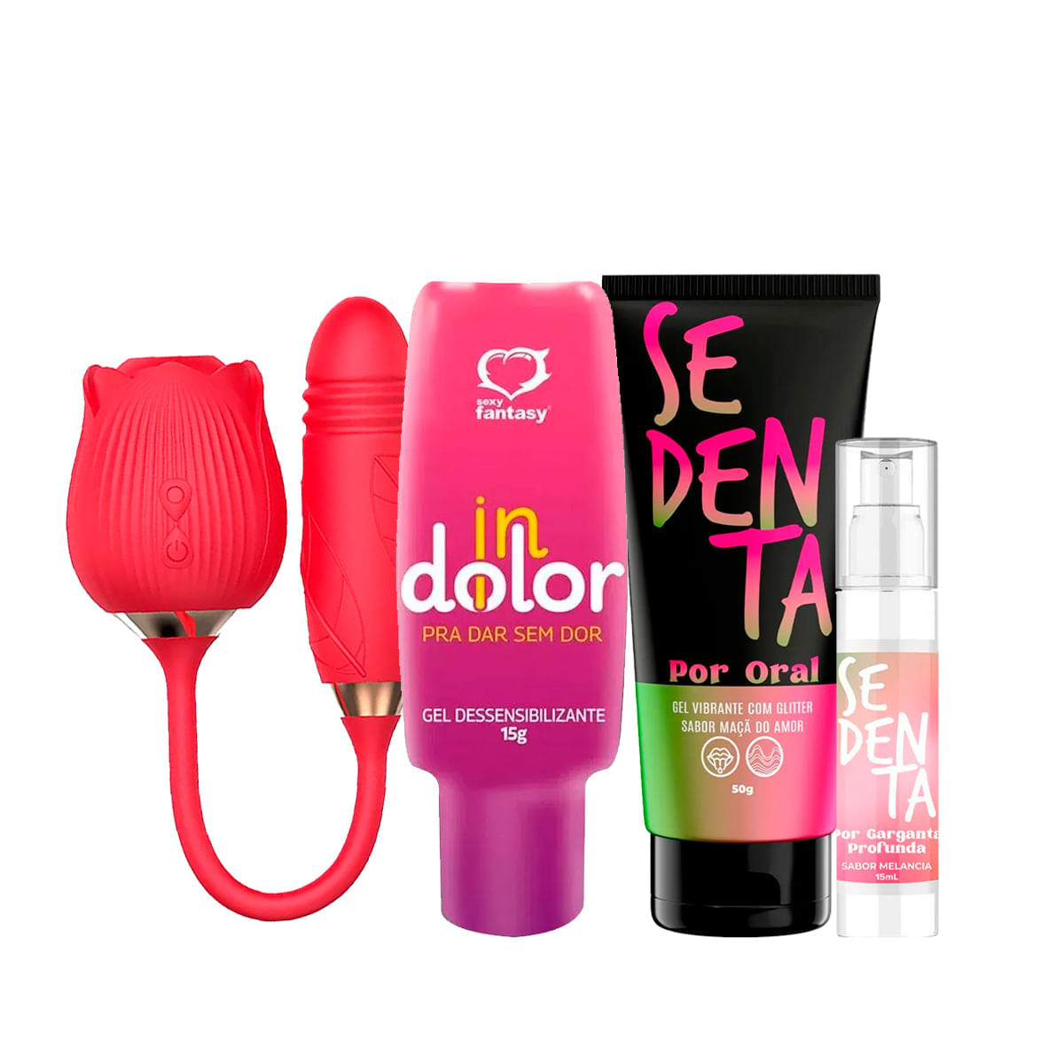 Kit com Sedenta Por Oral Vibrador Formato de Rosa InDolor e Sedenta por Garganta Profunda
