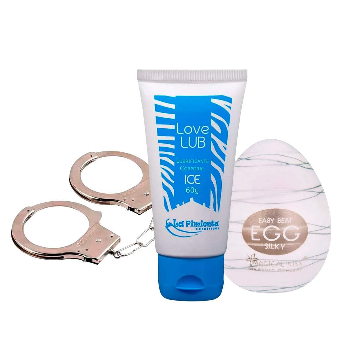 Kit com Algema de Metal Love Lub Ice e Egg Silky
