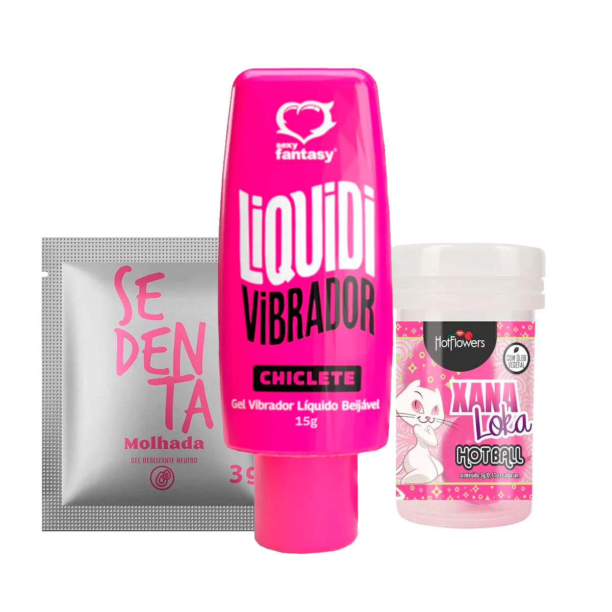 Kit com Vibrador Líquido Liquidi Sachê Sedenta Molhada Neutro 3g e Hot Ball Xana Loka