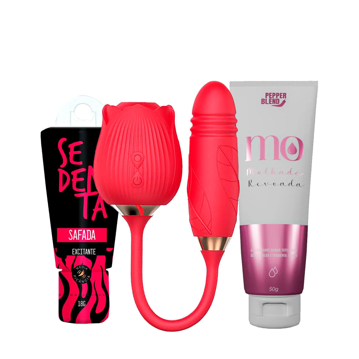 Kit com MO Molhada Revoada Excitante Sedenta Safada Excitante e Vibrador Formato de Rosa