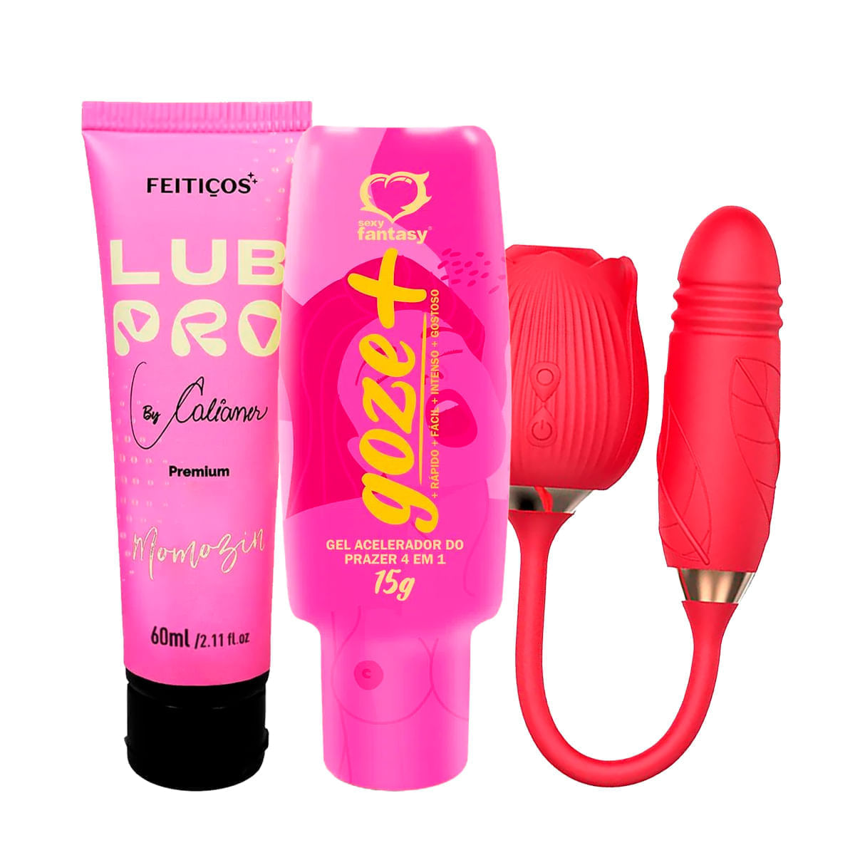 Kit com Vibrador Formato de Rosa Lubrificante LubPro Momozin e Goze + Acelerador do Prazer