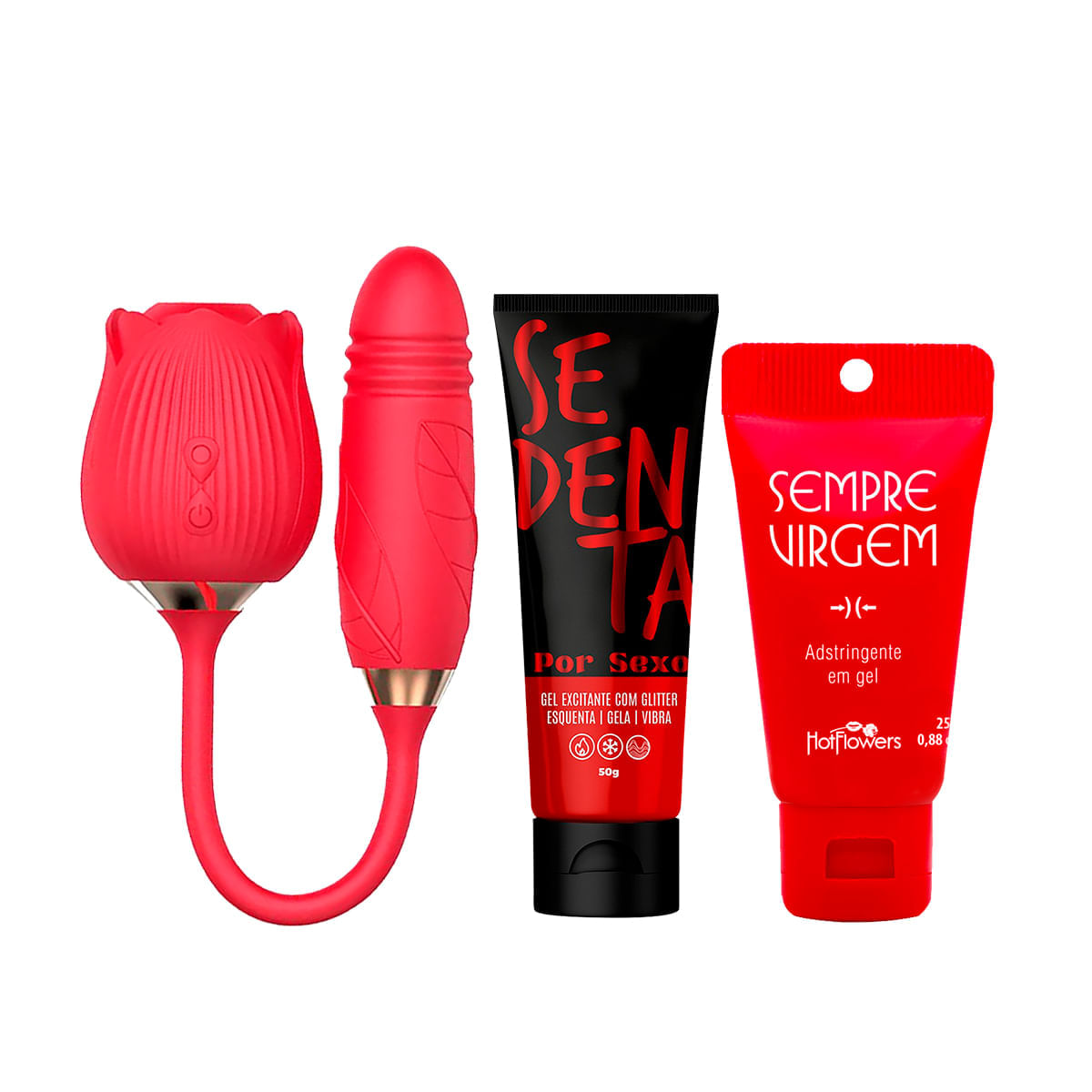 Kit com Sedenta Por Sexo Vibrador Formato de Rosa e Gel Adstringente Sempre Virgem