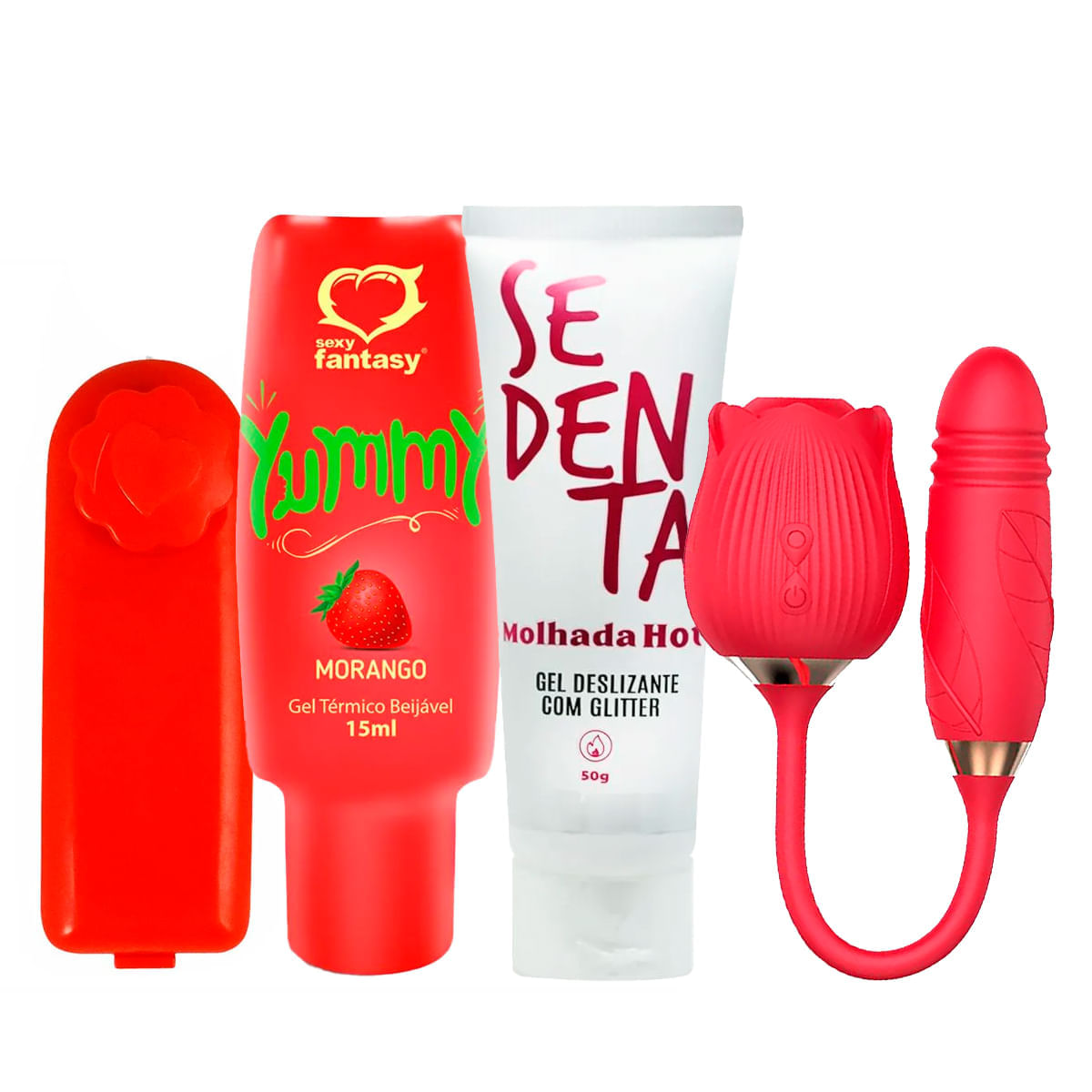 Kit com Sedenta Molhada Vibrador Formato de Rosa Yummy Gel Térmico e Bullet Vibro Ó