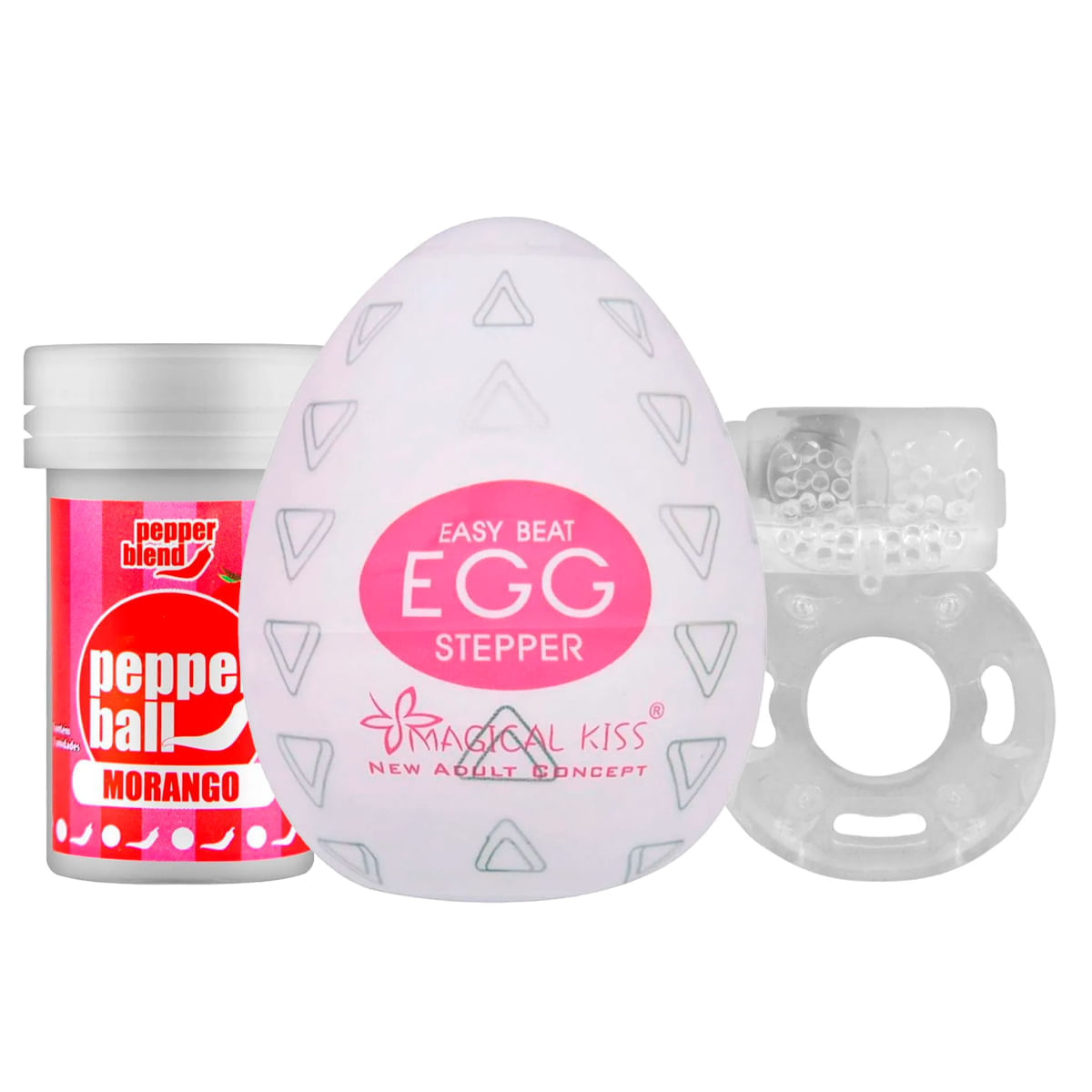 Kit com Pepper Ball Bolinha Explosiva Saborosa Masturbador Masculino Egg Stepper e Anel Peniano