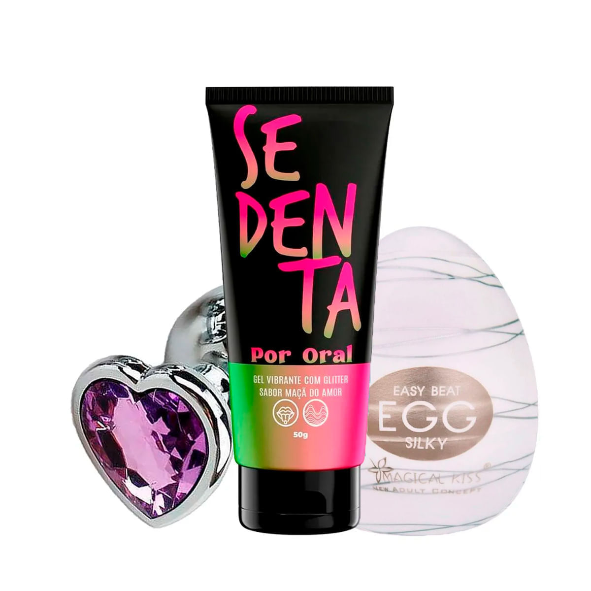 Kit com Sedenta Por Oral Egg Silky e Plug Anal de Aço G 9x4cm