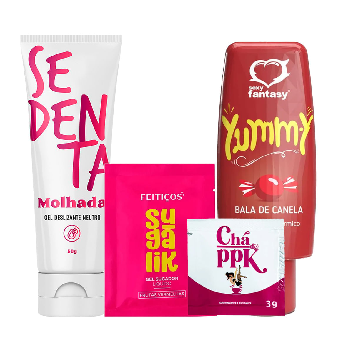 Kit com Sedenta Molhada Sachê Sugalik Sugador Líquido Gel Yummy e Adstrigente Chá de PPK