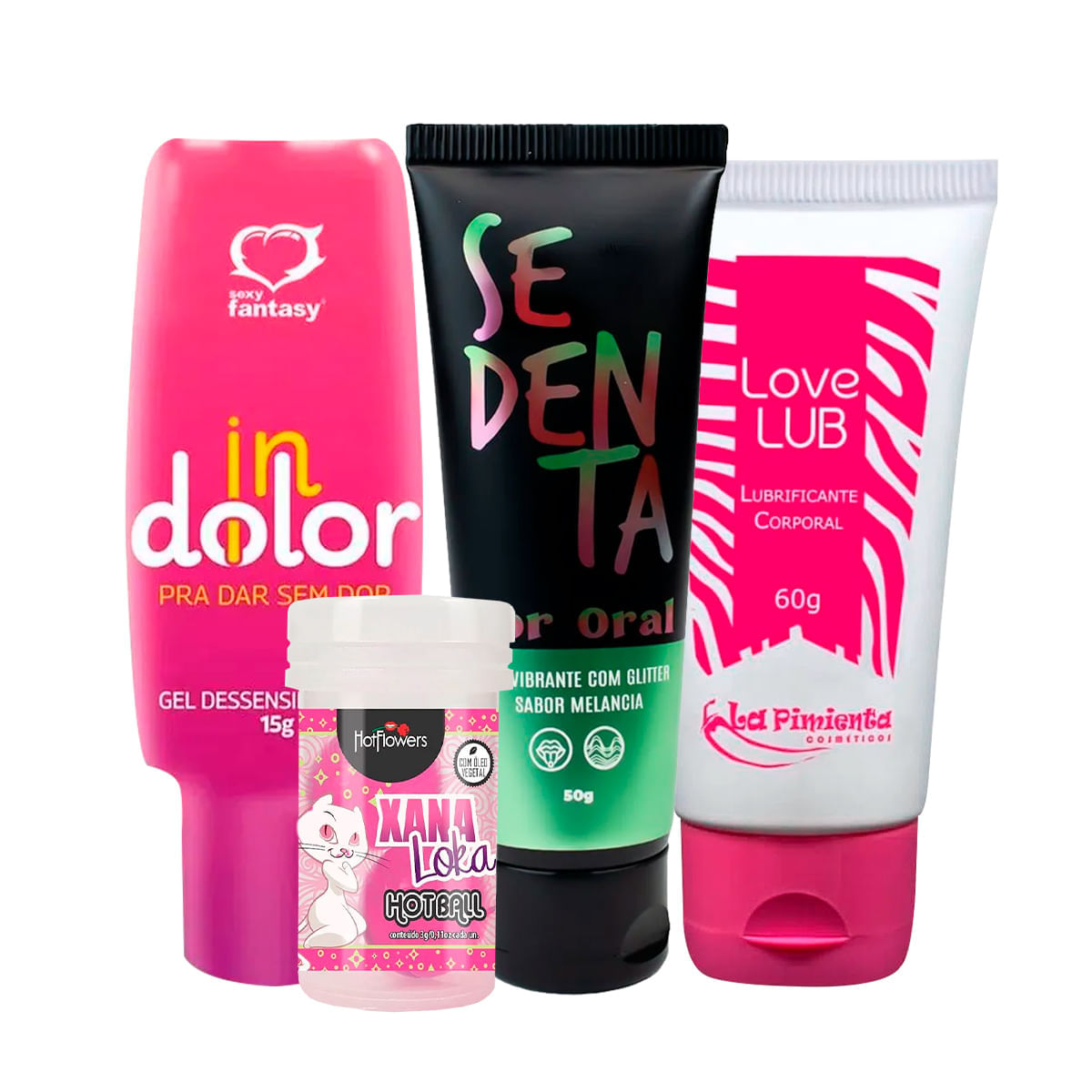 Kit com Indolor Love Lub Neutro Hot Ball Xana Loka e Sedenta Por Oral