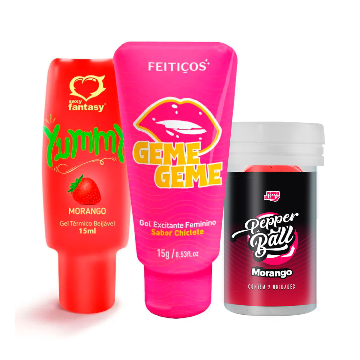 Kit com Geme Geme Excitante Yummy Gel e Pepper Ball Bolinha