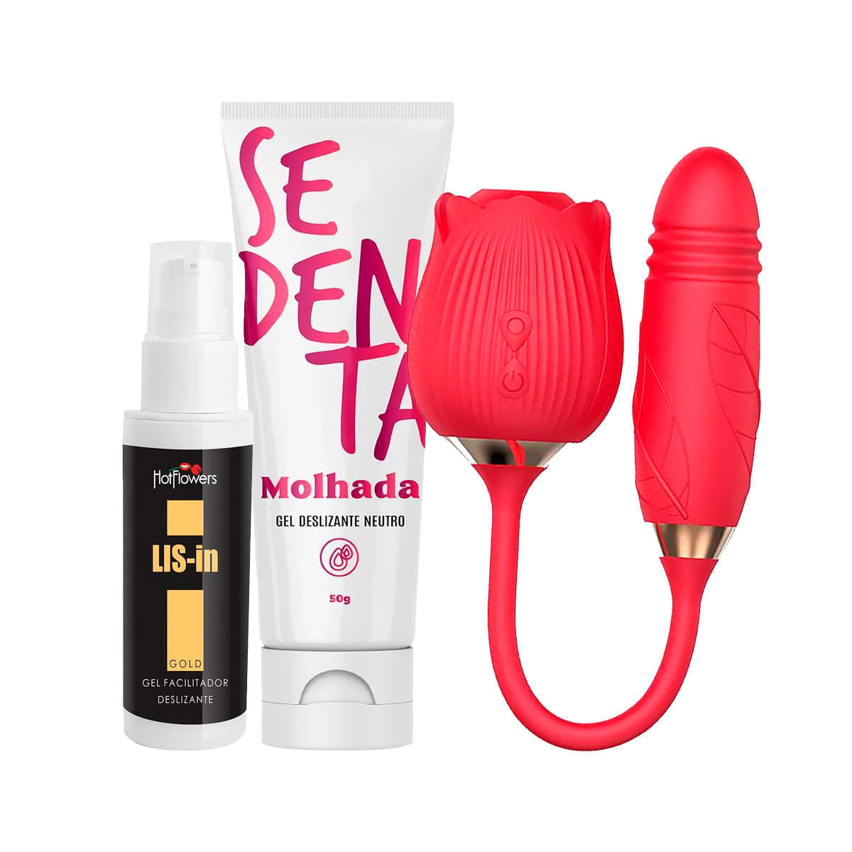 Kit com Sedenta Molhada LIS-In Gel Dessensibilizante Anal e Vibrador Formato de Rosa