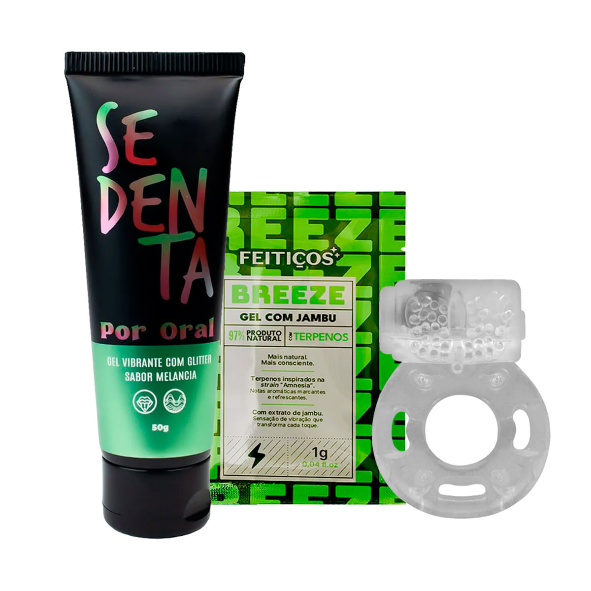 Kit com Sachê Breeze Excitante Anel Peniano com Vibrador e Sedenta Por Oral