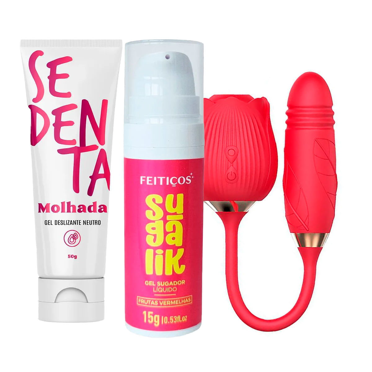 Kit com Sugalik Sugador Líquido Vibrador Formato de Rosa e Sedenta Molhada Deslizante