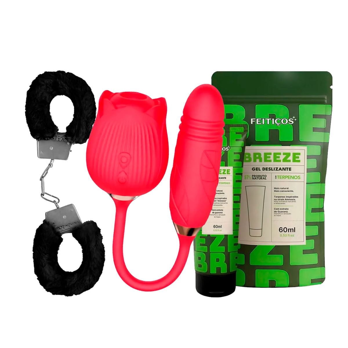 Kit com Breeze Gel Deslizante Vibrador Formato de Rosa e Algema de Metal Pelúcia