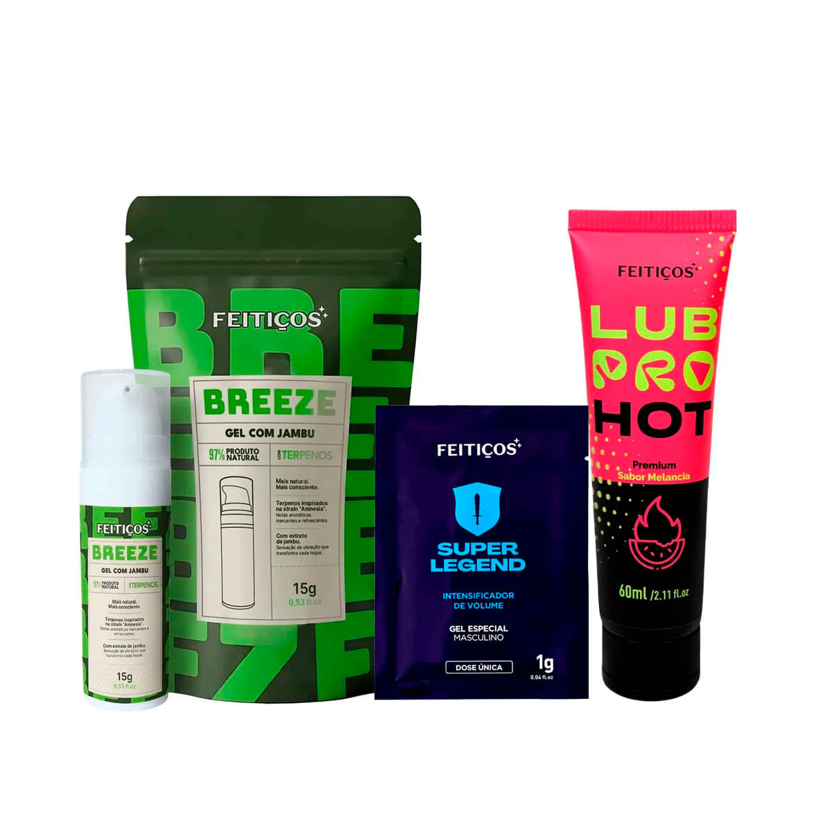 Kit com Breeze Excitante em Gel Sachê Super Legend e LubPro Hot Premium
