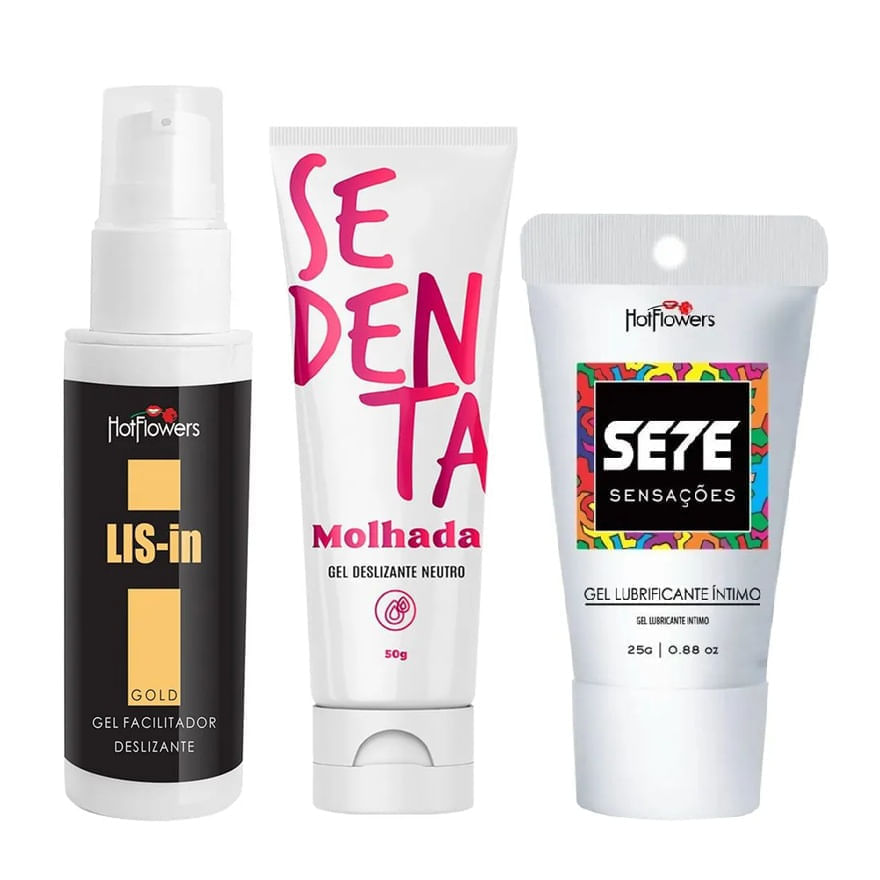 Kit com Dessensibilizante Anal LIS-In Sete Sensações e Sedenta Molhada Gel Deslizante Neutro