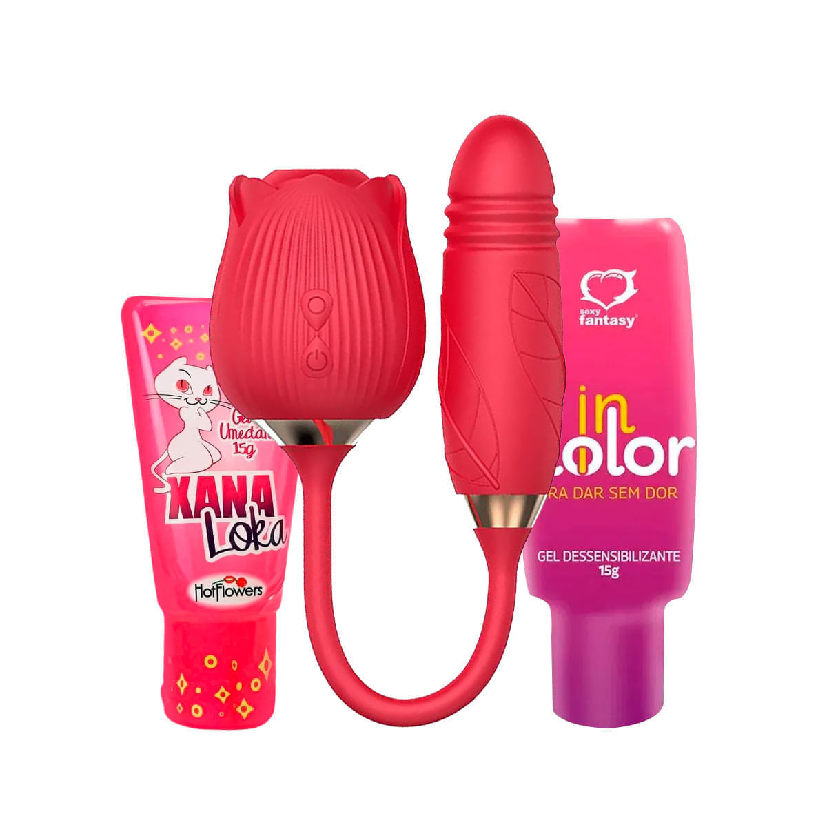 Kit com Vibrador Formato de Rosa Gel Dessensibilizante InDolor e Gel Excitante Xana Loka
